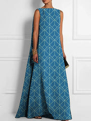 Backless Printed Loose Sleeveless Boat Neck Maxi Dresses