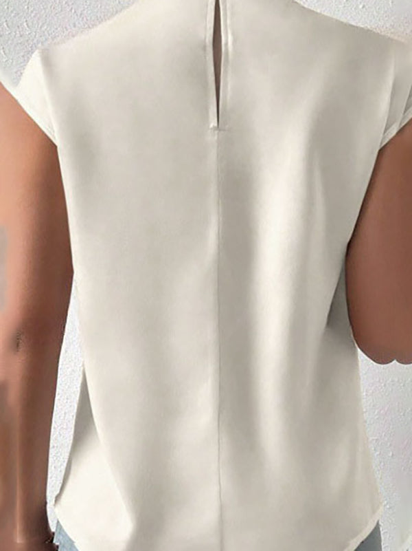 Hollow Pleated Solid Color Loose Sleeveless Mock Neck T-Shirts Tops