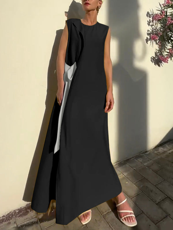 Asymmetric Contrast Color Split-Side Tied Loose Sleeveless Round-Neck Maxi Dresses