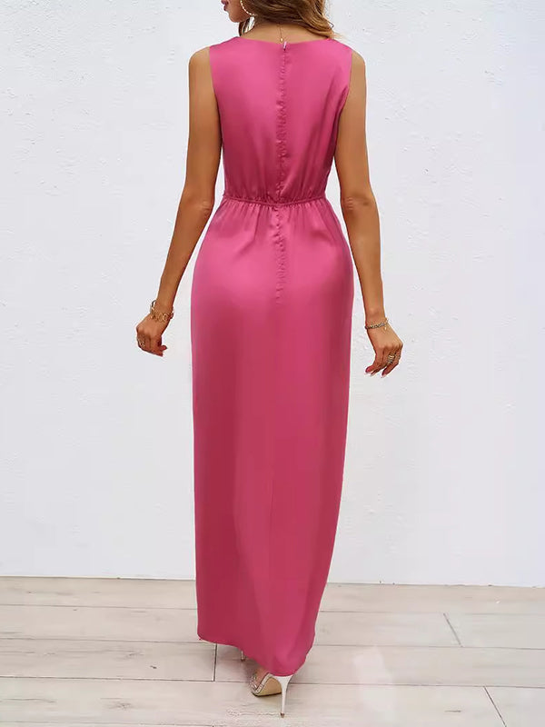 Pleated Split-front Split-Joint Loose Sleeveless V-neck Maxi Dresses