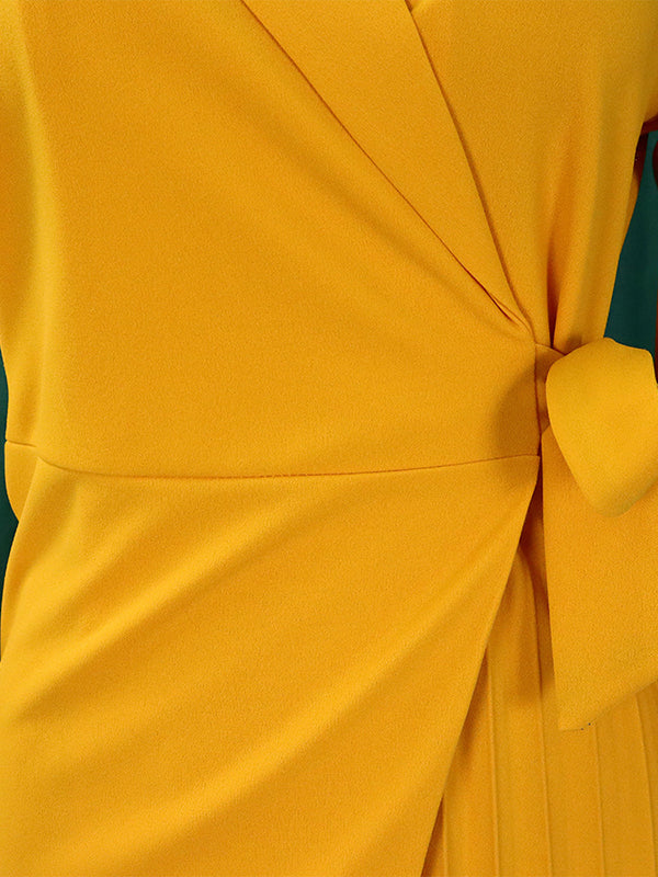 Pleated Solid Color Split-Front Tied Waist Three-Quarter Sleeves V-Neck Mini Dresses