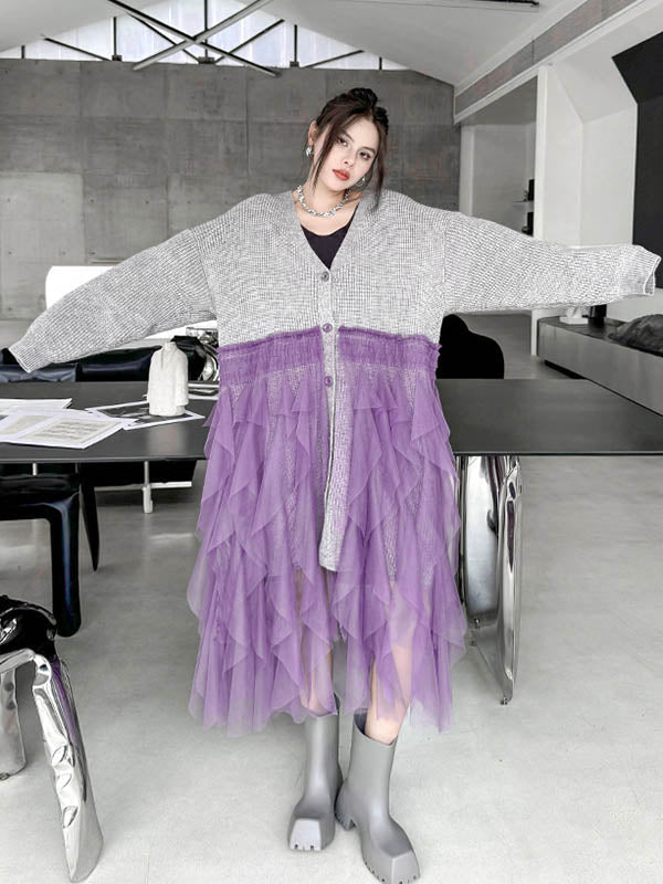 Buttoned Contrast Color Mesh Pleated Ribs Split-Joint High-Low Irregularity Collarless Outerwear Cardigan Tops