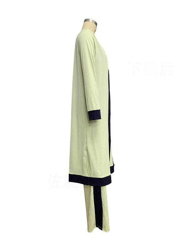 Loose Contrast Color Long Sleeves Outer Wear + V-Neck Inner Vest + Pants Bottom Three Pieces Set