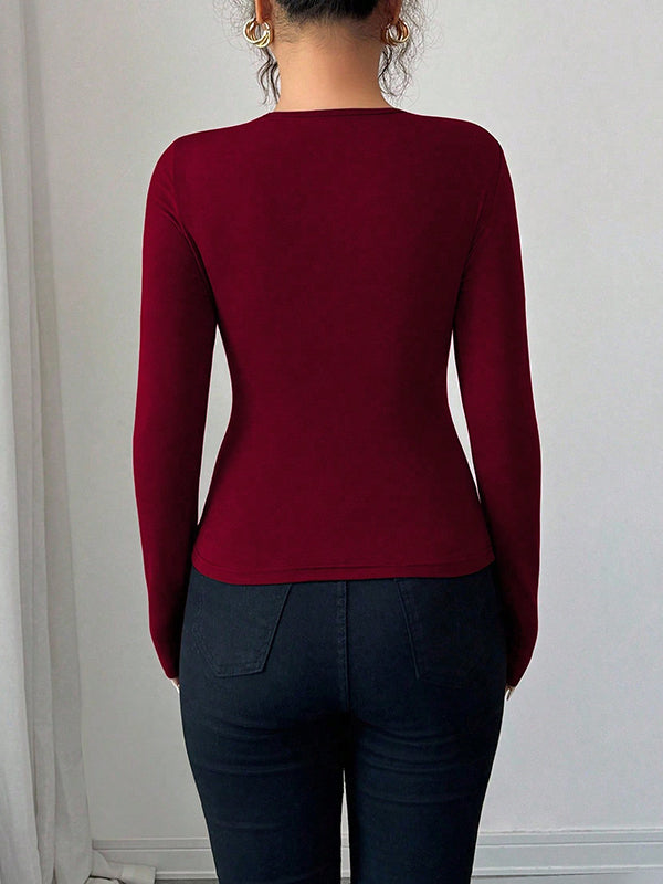 Solid Color Split-Joint Long Sleeves Skinny Asymmetric Collar T-Shirts
