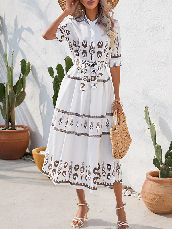 Buttoned Tied Waist A-Line Half Sleeves Lapel Midi Dresses