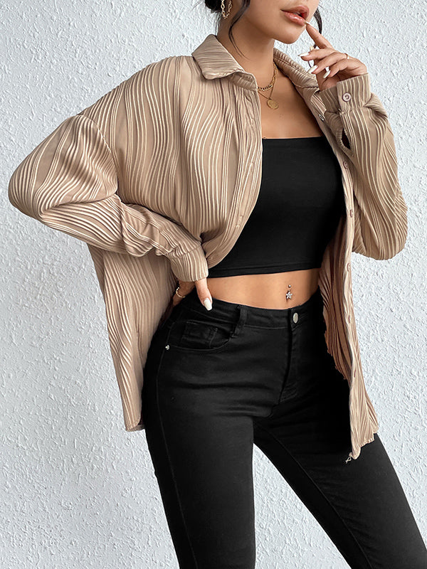 Buttoned Solid Color Long Sleeves Loose Lapel Blouses&Shirts Tops