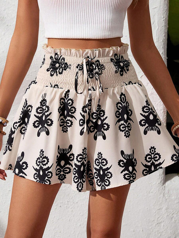 Drawstring Elasticity Printed Split-Joint Wide Leg Shorts