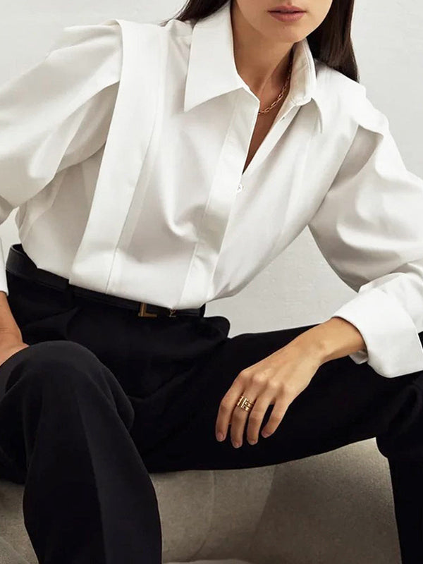 Buttoned Solid Color Long Sleeves Loose Lapel Blouses&Shirts Tops