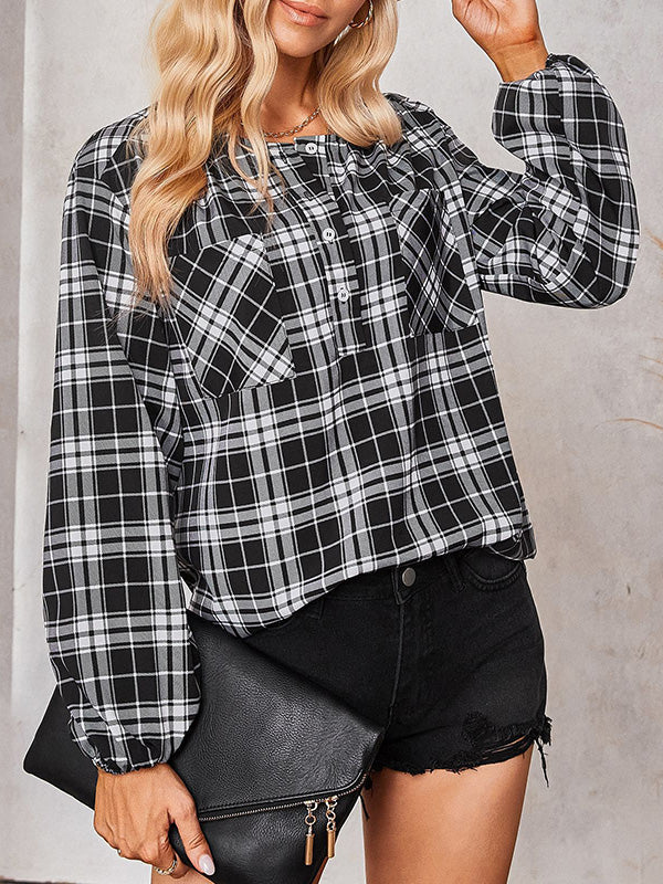 Buttoned Elasticity Plaid Pockets Long Sleeves Loose Round-Neck Blouses&Shirts Tops