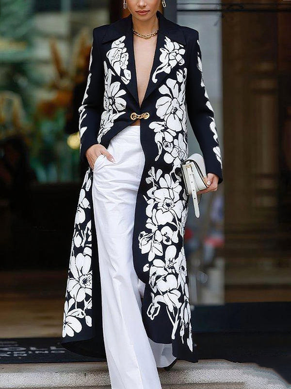 Long Sleeves Loose Flower Print Notched Collar Blazer Outerwear