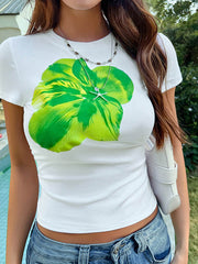 Flower Print Short Sleeves Skinny Round-Neck T-Shirts Tops