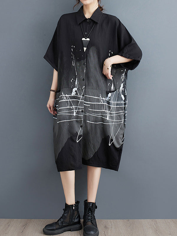 Pockets Printed Half Sleeves Loose Lapel Midi Dresses