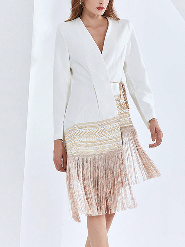 Asymmetric Embroidered Split-Joint Tasseled Tied Long Sleeves Loose V-Neck Outerwear Blazer