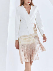 Asymmetric Embroidered Split-Joint Tasseled Tied Long Sleeves Loose V-Neck Outerwear Blazer