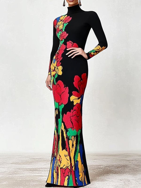 Flower Print Multi-Colored Skinny High Neck Maxi Dresses