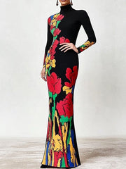 Flower Print Multi-Colored Skinny High Neck Maxi Dresses
