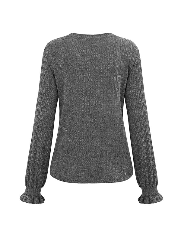 Elasticity Ruffled Solid Color Long Sleeves Loose Round-Neck T-Shirts Tops
