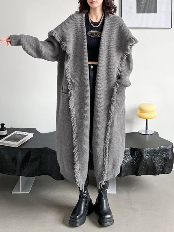 Fringed Pockets Solid Color Long Sleeves Loose V-Neck Cardigan Coats