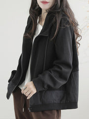 Artistic Retro Loose Long Sleeves Solid Color Zipper Hooded Outerwear
