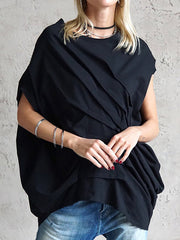 Pleated Solid Color High-low Loose Round-neck T-Shirts Tops