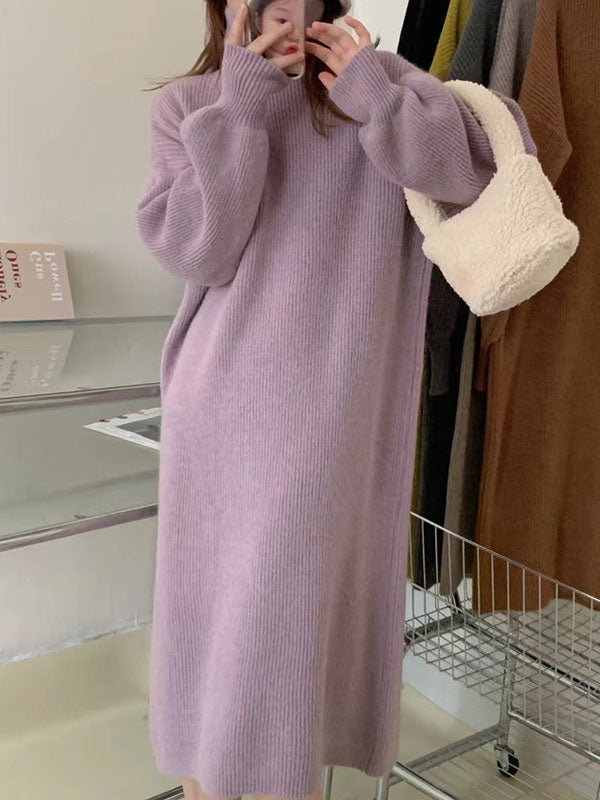 Solid Color Long Sleeves Loose High Neck Sweater Dresses Midi Dresses