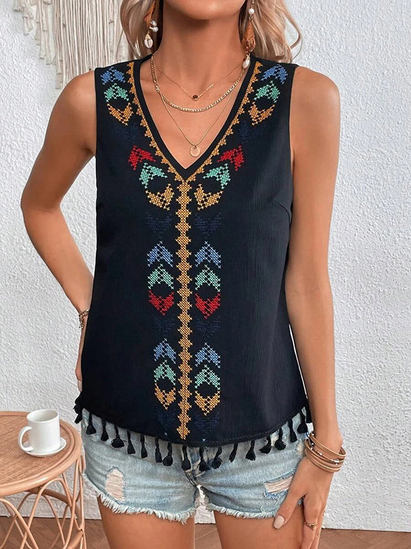 Embroidered Tasseled Loose Sleeveless V-Neck Vest Top