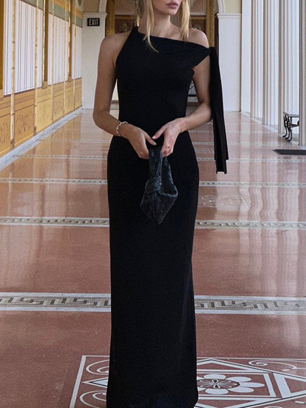 Asymmetric Solid Color Split-Joint Streamer Skinny Sleeveless One-shoulder Maxi Dresses Evening Dresses