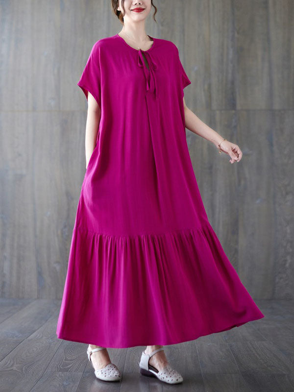 Lace-Up Pleated Solid Color Split-Joint Loose Short Sleeves Round-Neck Midi Dresses