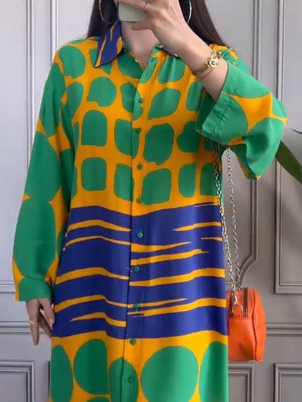Buttoned Printed Long Sleeves Loose Lapel Shirt Dress Maxi Dresses