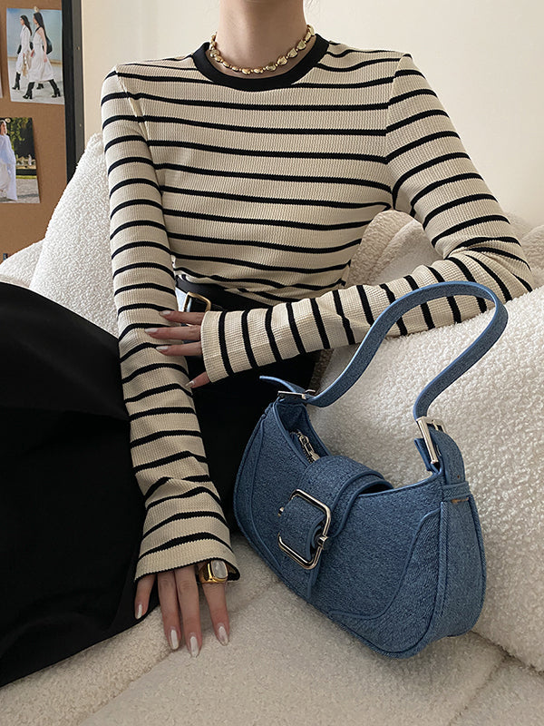 Contrast Color Striped Long Sleeves Skinny Round-Neck T-Shirts Tops