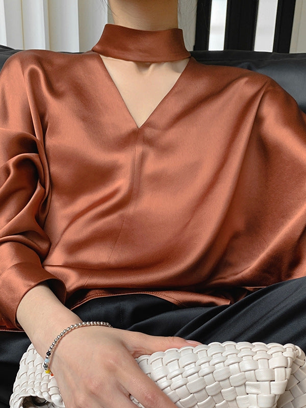 Hollow Shiny Solid Color Long Sleeves Loose V-Neck Blouses&Shirts Tops