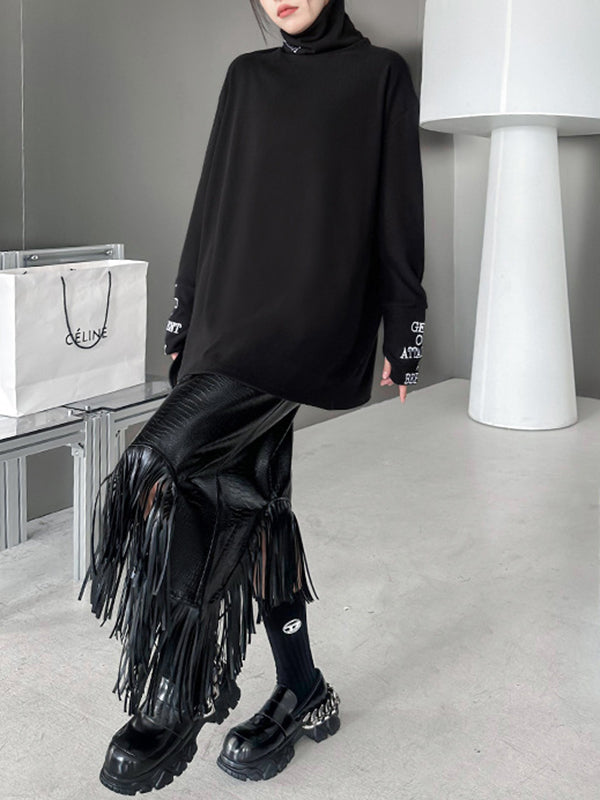 Letter Print Split-Joint Long Sleeves Loose High Neck T-Shirts