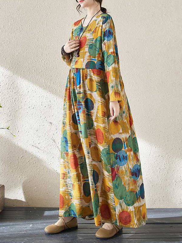 Pleated Polka-Dot Split-Joint A-Line Long Sleeves Round-Neck Maxi Dresses