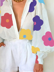 Long Sleeves Loose Floral Printed Deep V-Neck Blouses&Shirts Tops