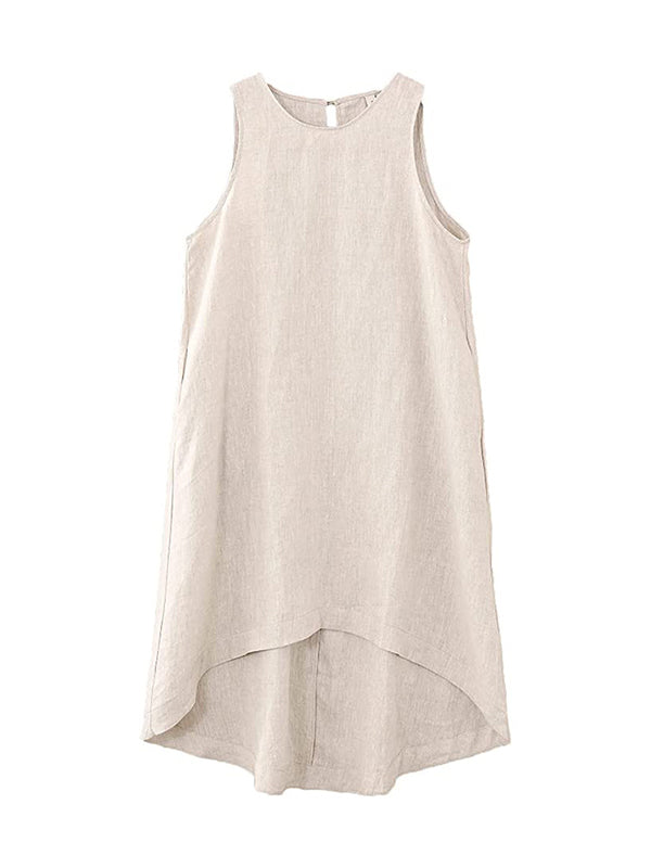 Solid Color High-Low Loose Round-Neck Midi Dresses