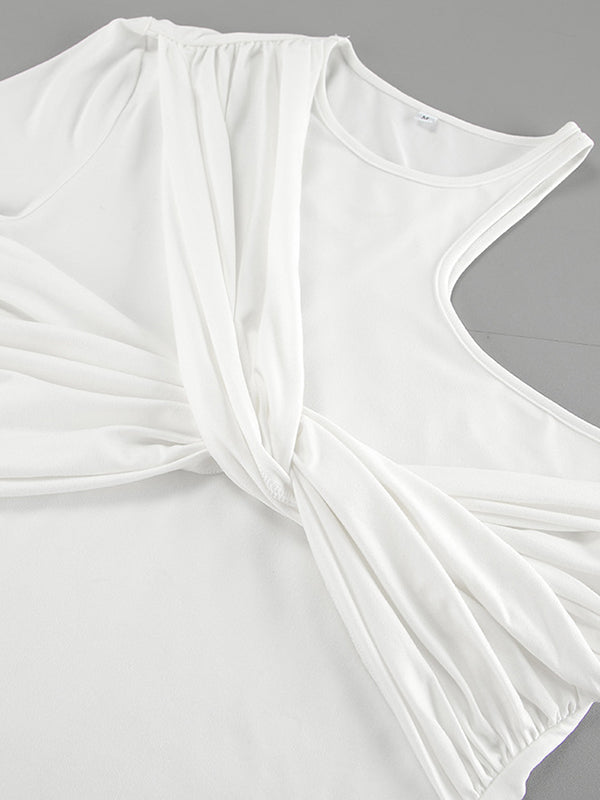 Asymmetric Knot Pleated Solid Color Long Sleeves Skinny Round-Neck T-Shirts Tops