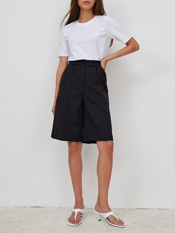 Pleated Solid Color Split-Joint High Waisted Loose Shorts Bottoms Half Pants