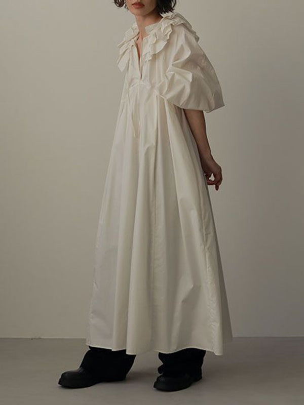 Pleated Solid Color Split-Joint Tiered Loose Puff Sleeves V-Neck Midi Dresses