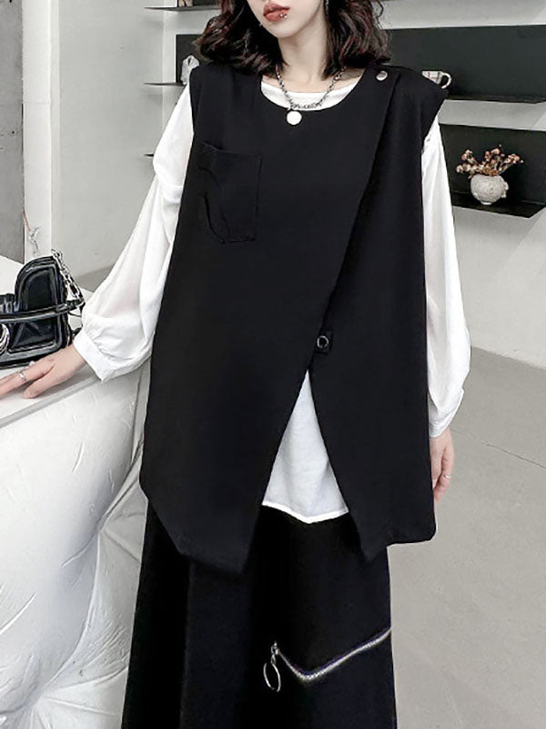 Asymmetric Zipper Loose Sleeveless Round-Neck Vest Top