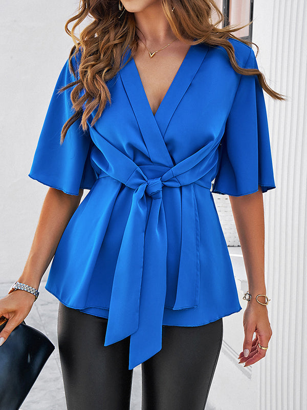 Solid Color Tied Flared Sleeves Half Sleeves V-neck Blouses&shirts Tops