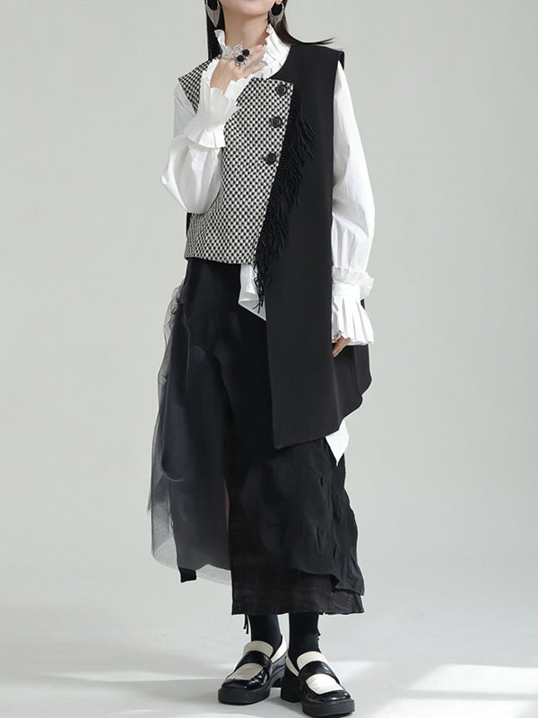 Asymmetric Buttoned Houndstooth Ruffle Sleeves Sleeveless Vest Outerwear