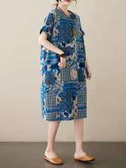 Original Loose Short Sleeves Contrast Color Printed Round-Neck Midi Dresses