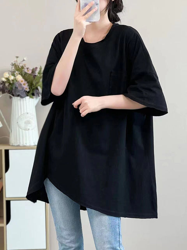 Asymmetric Solid Color Half Sleeves Loose Round-neck T-shirts