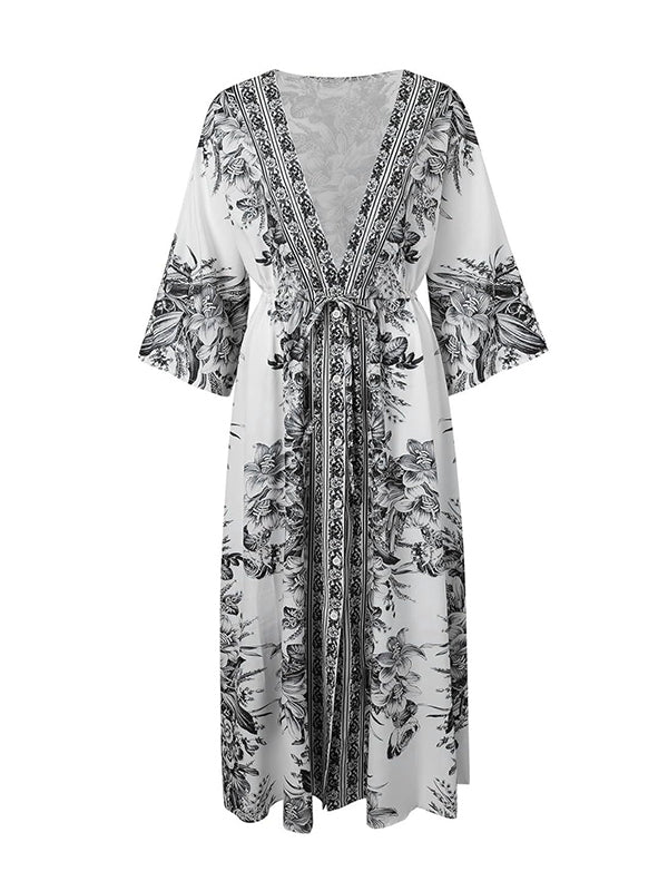 Buttoned Drawstring Flower Print Pleated Tied Waist Long Sleeves Loose V-Neck Maxi Dresses