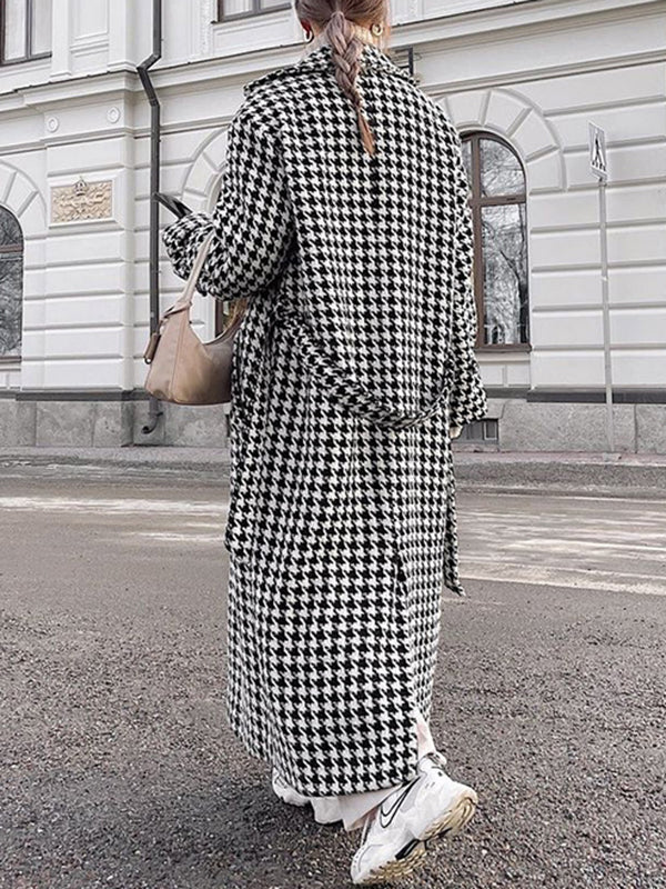 Houndstooth Split-back Split-Joint Tied Waist Long Sleeves Loose Lapel Trench Coats
