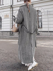 Houndstooth Split-back Split-Joint Tied Waist Long Sleeves Loose Lapel Trench Coats