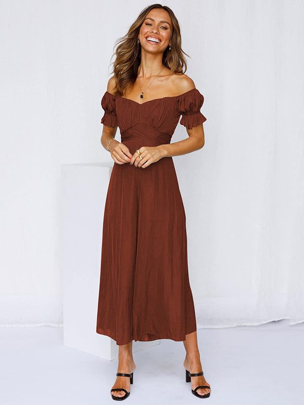13 Colors Puff Sleeves Solid Color Cold Shoulder Wide Leg Jumpsuits