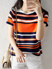 Contrast Color Striped Loose Short Sleeves Round-neck T-Shirts Tops