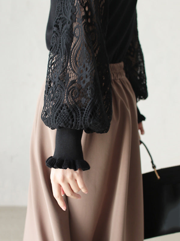 Original Loose Hollow Lace Round-Neck Long Puff Sleeves Sweater Pullovers