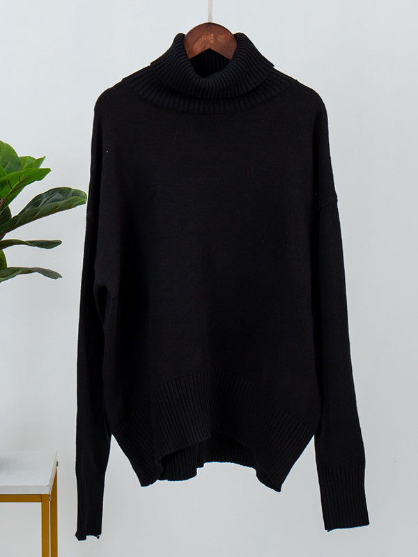 Casual Long Sleeves Loose Solid Color High-Neck Sweater Tops